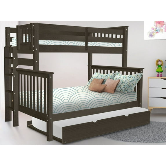Bedz King Bunk Beds Twin over Full Mission Style with End Ladder and a Twin Trundle, Brushed Gray