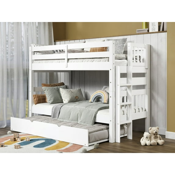 Bedz King Bunk Beds Twin over Twin Mission Style with End Ladder and a Twin Trundle, White