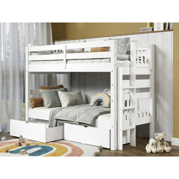 Bedz King Bunk Beds Twin over Twin Mission Style with End Ladder and 2 Under Bed Drawers, White