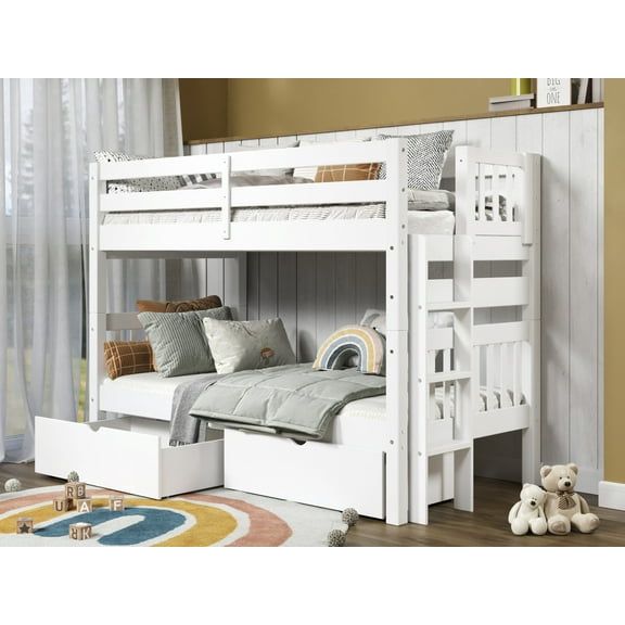 Bedz King Bunk Beds Twin over Twin Mission Style with End Ladder and 2 Under Bed Drawers, White