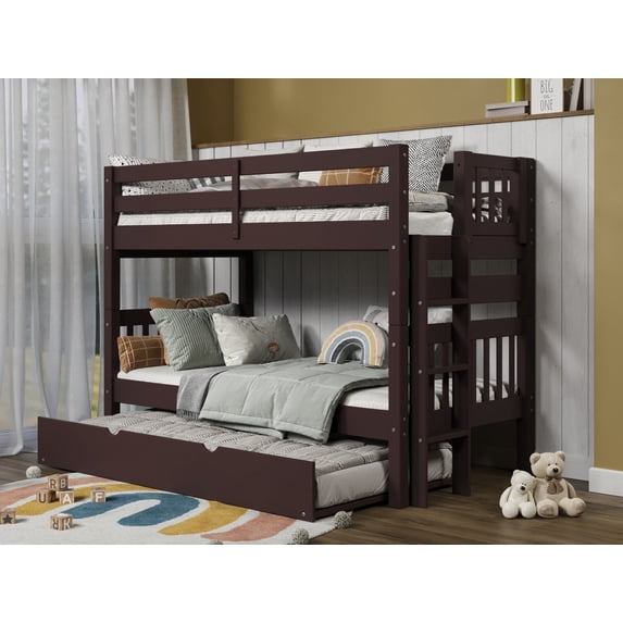 Bedz King Bunk Beds Twin over Twin Mission Style with End Ladder and a Twin Trundle, Dark Cherry