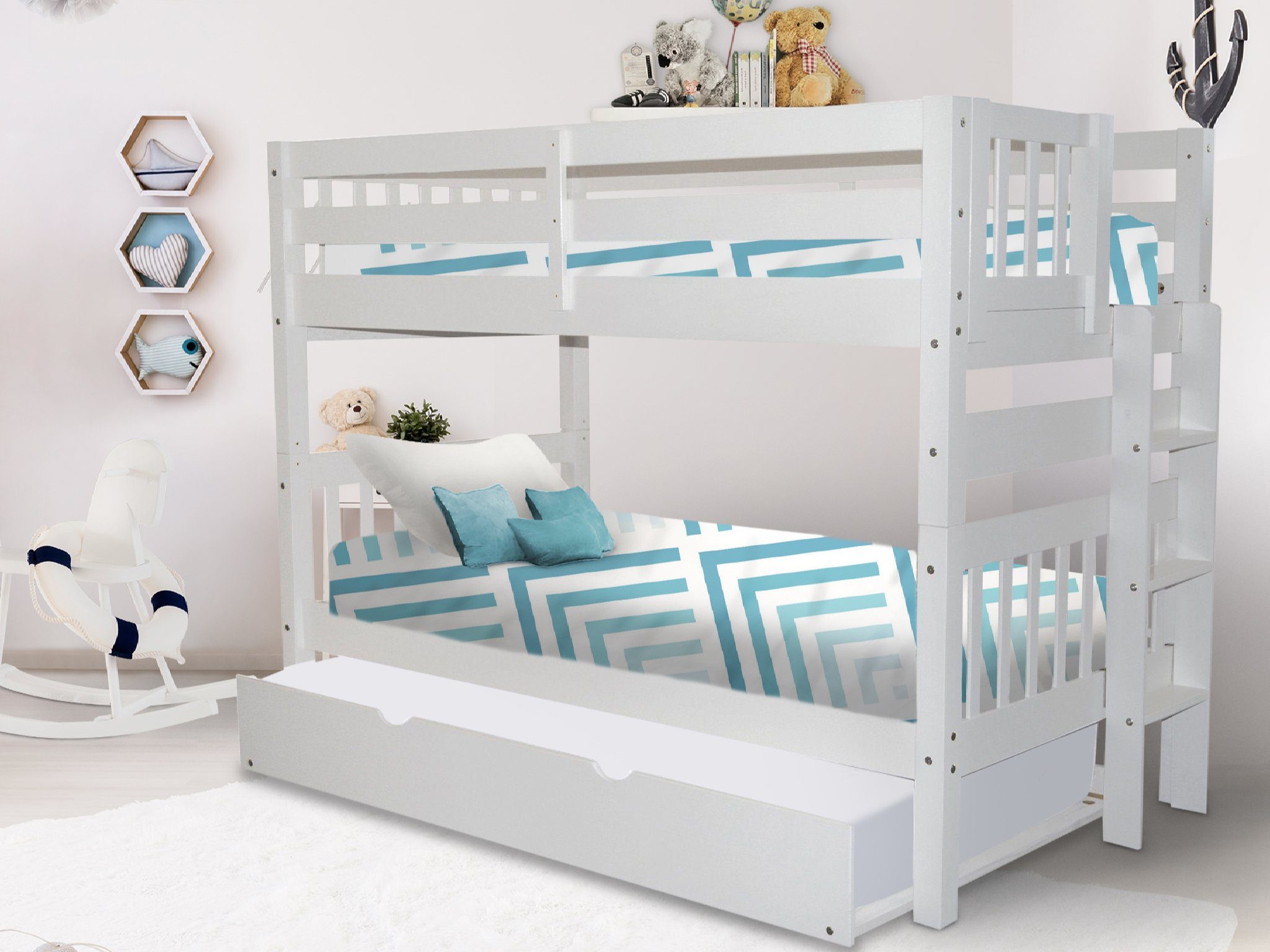Costway Twin Over Twin PullOut Bunk Bed with Trundle Wooden Ladder