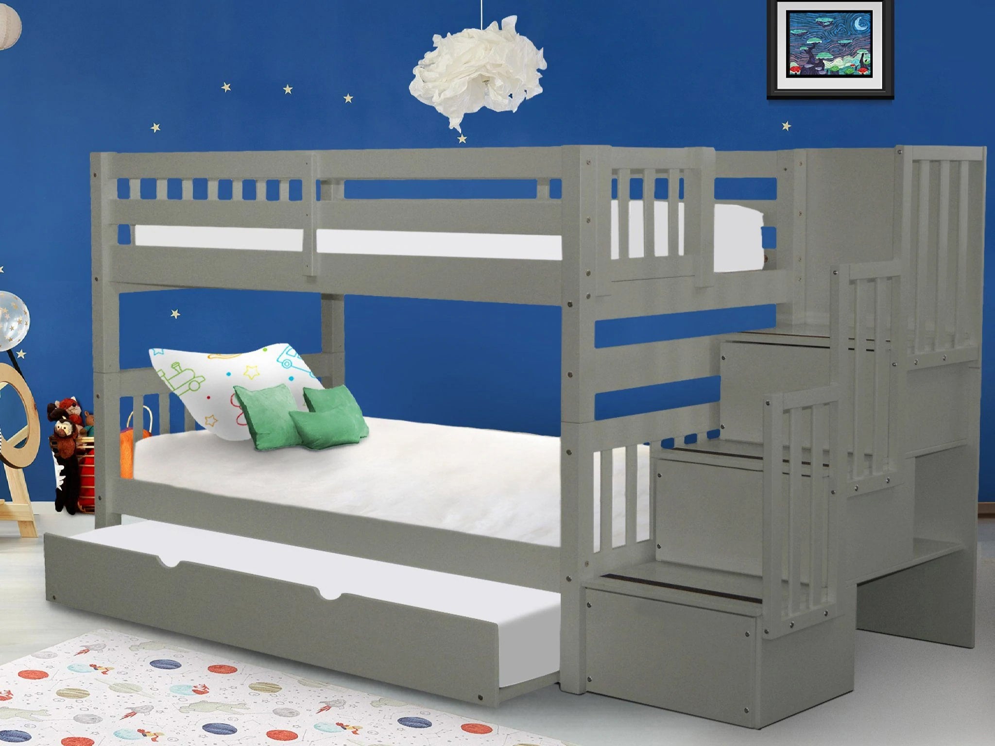 Bunk Bed with Trundle, White, Twin Over Twin