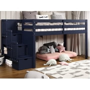 Bedz King Contemporary Low Loft Twin Bed with 3 Step-Stairway, Blue