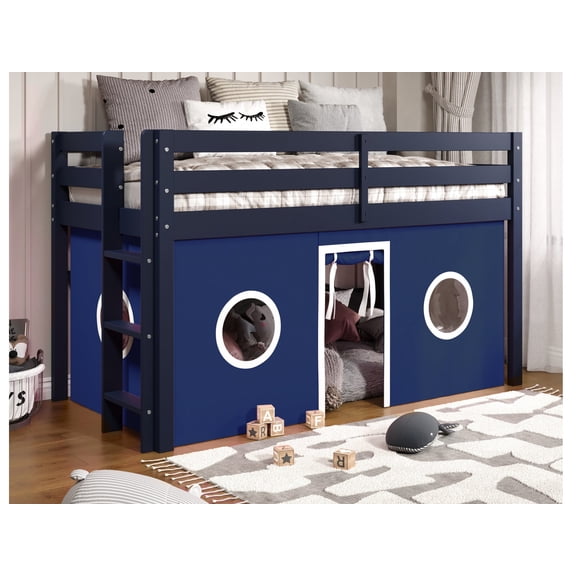 Bedz King Contemporary Low Loft Twin Bed with End Ladder, Blue with Blue & White Tent