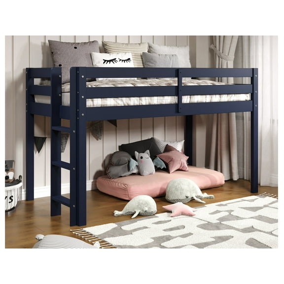 Bedz King Contemporary Low Loft Twin Bed with End Ladder, Blue