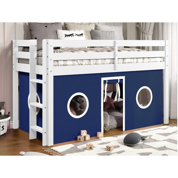 Bedz King Contemporary Low Loft Twin Bed with End Ladder, White with Blue & White Tent