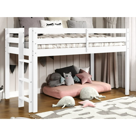 Bedz King Contemporary Low Loft Twin Bed with End Ladder, White