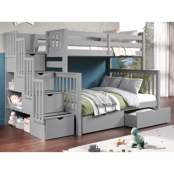 Bedz King Pine Wood Twin over Full Stairway Bunk Bed with 2 Drawers in Gray