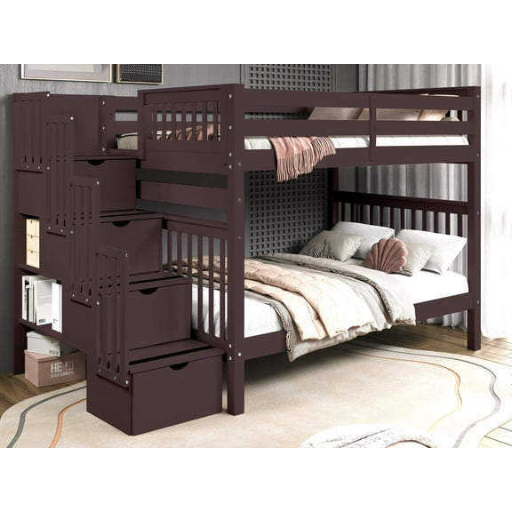 Bedz King Stairway Bunk Beds Full over Full with 4 Drawers in the Steps, Dark Cherry