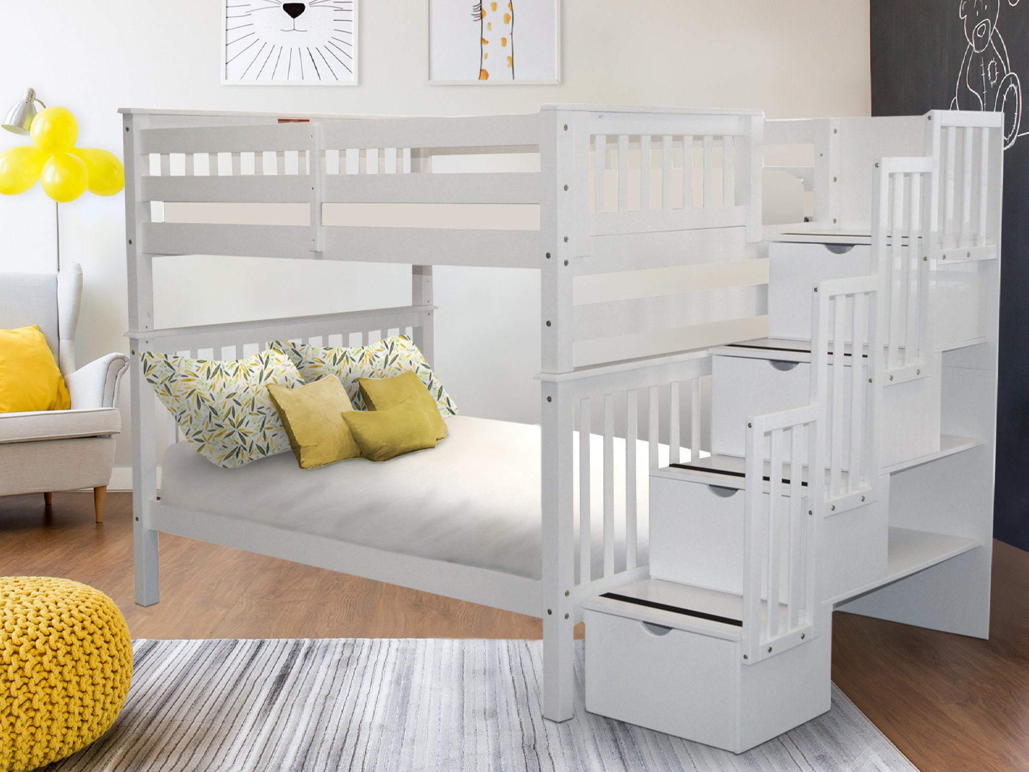 Bedz King Stairway Bunk Beds Full over Full with 4 Drawers in the Steps