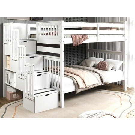 Bedz King Stairway Bunk Beds Full over Full with 4 Drawers in the Steps, White