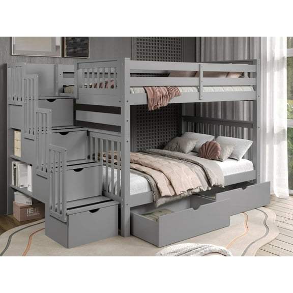 Bedz King Stairway Bunk Beds Full over Full with 4 Drawers in the Steps and 2 Under Bed Drawers, Gray