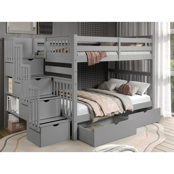 Bedz King Stairway Bunk Beds Full over Full with 4 Drawers in the Steps and 2 Under Bed Drawers, Gray
