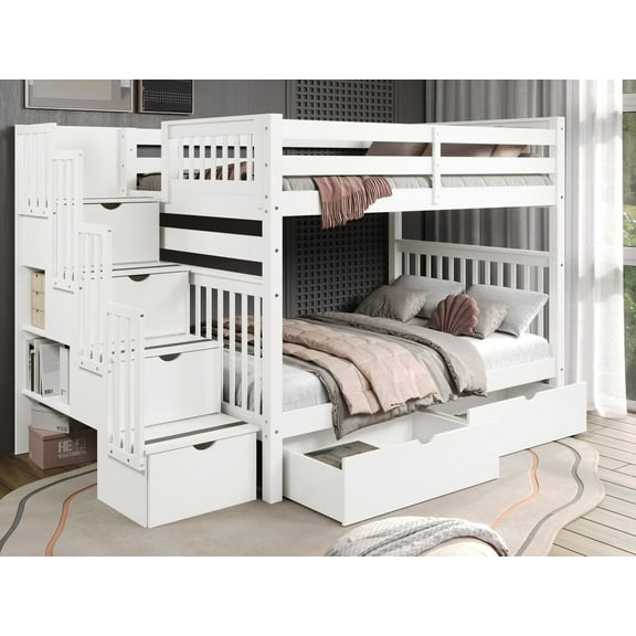 Bedz King Stairway Bunk Beds Full over Full with 4 Drawers in the Steps and 2 Under Bed Drawers, White