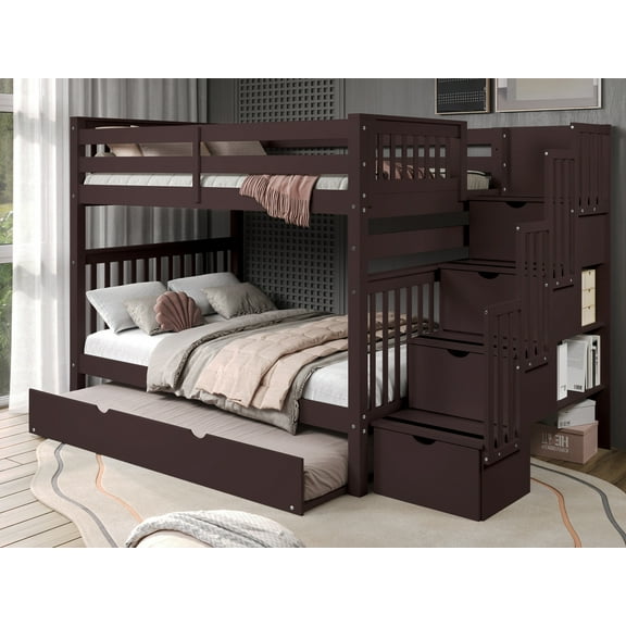 Bedz King Stairway Bunk Beds Full over Full with 4 Drawers in the Steps and a Full Trundle, Dark Cherry