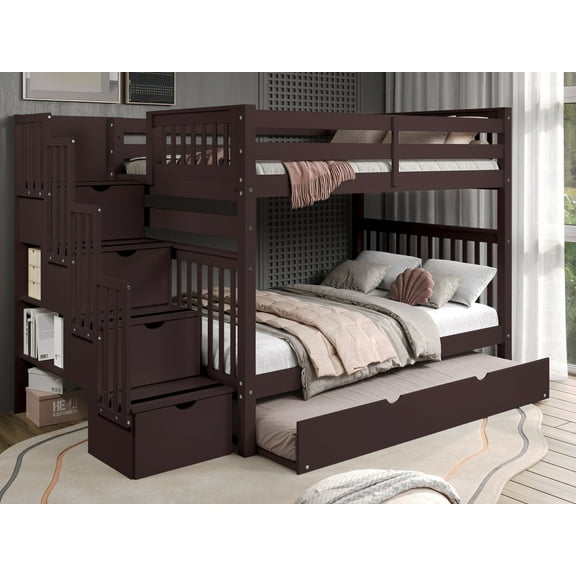 Bedz King Stairway Bunk Beds Full over Full with 4 Drawers in the Steps and a Twin Trundle, Dark Cherry