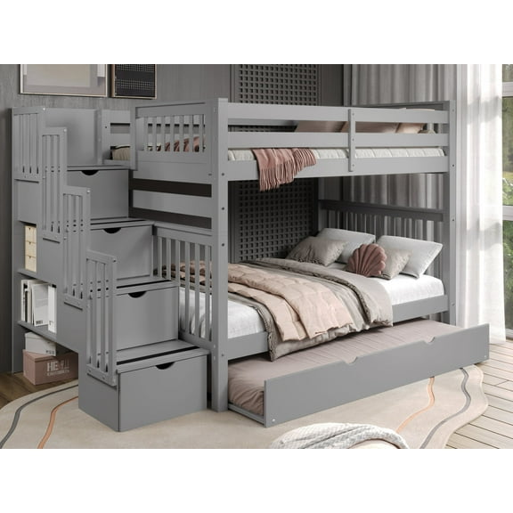 Bedz King Stairway Bunk Beds Full over Full with 4 Drawers in the Steps and a Twin Trundle, Gray