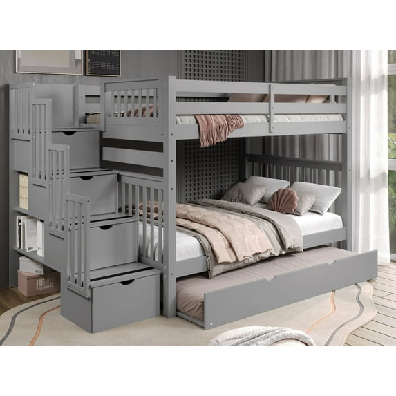 Bedz King Stairway Bunk Beds Full over Full with 4 Drawers in the Steps and a Twin Trundle, Gray