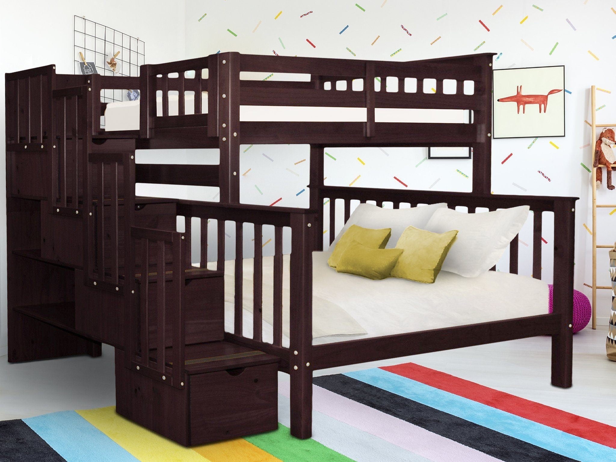 Bedz King Stairway Bunk Beds Twin over Full with 4 Drawers in Steps Kids Wood Storage Dark Cherry Walmart