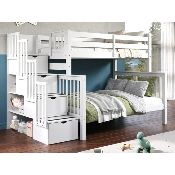 Bedz King Stairway Bunk Beds Twin over Full with 4 Drawers in the Steps, White