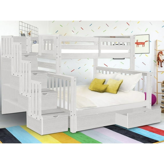 Bedz King Stairway Bunk Beds Twin over Full with 4 Drawers in the Steps and 2 Under Bed Drawers, Brushed White