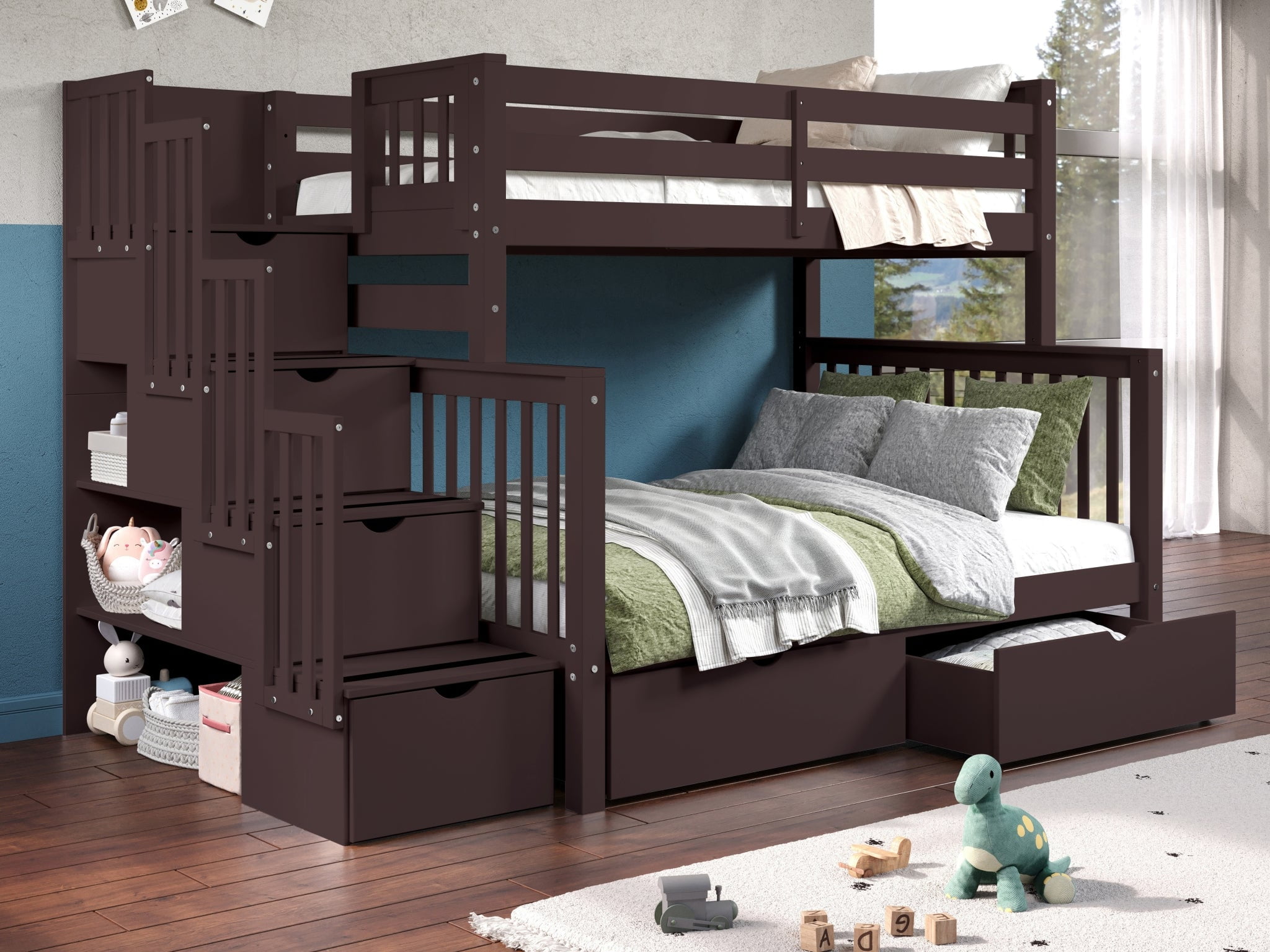 Dark Cherry Pine Wood Full Bunk Bed with Storage Drawers