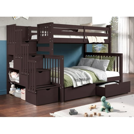 Bedz King Stairway Bunk Beds Twin over Full with 4 Drawers in the Steps and 2 Under Bed Drawers, Dark Cherry