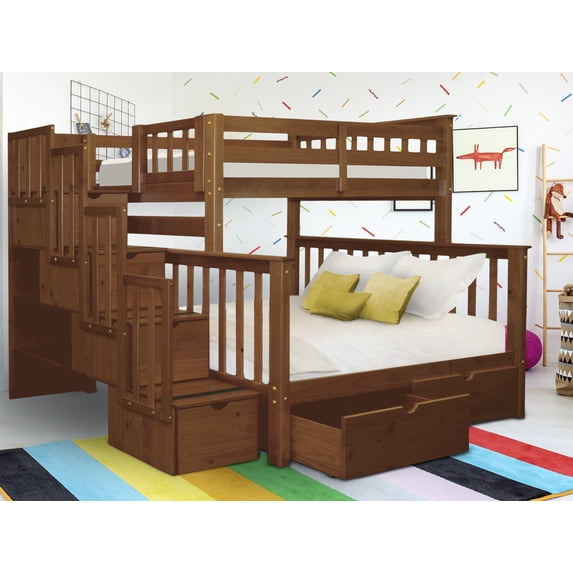 Bedz King Stairway Bunk Beds Twin over Full with 4 Drawers in the Steps and 2 Under Bed Drawers Espresso