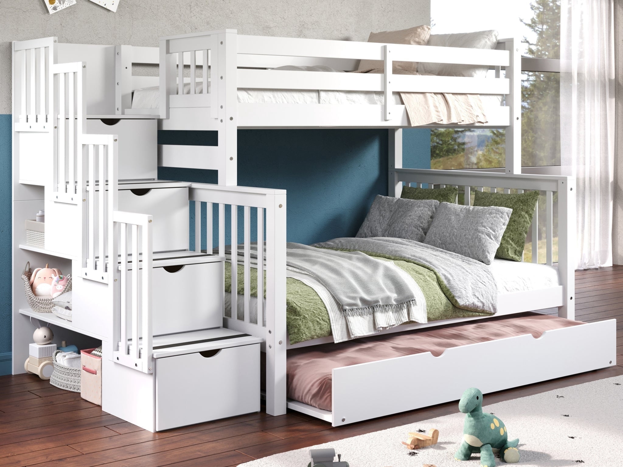 Bedz King Twin-Over-Full Stairway Bunk Bed with Storage, 4 Drawers in