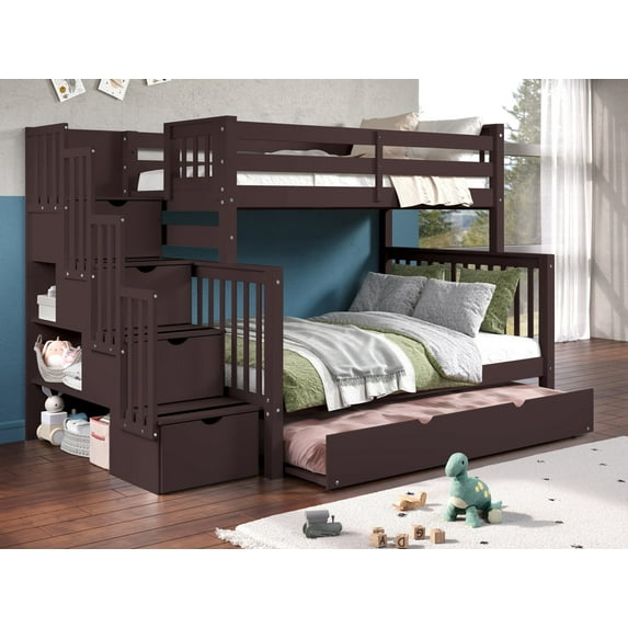 Bedz King Stairway Bunk Beds Twin over Full with 4 Drawers in the Steps and a Twin Trundle, Dark Cherry