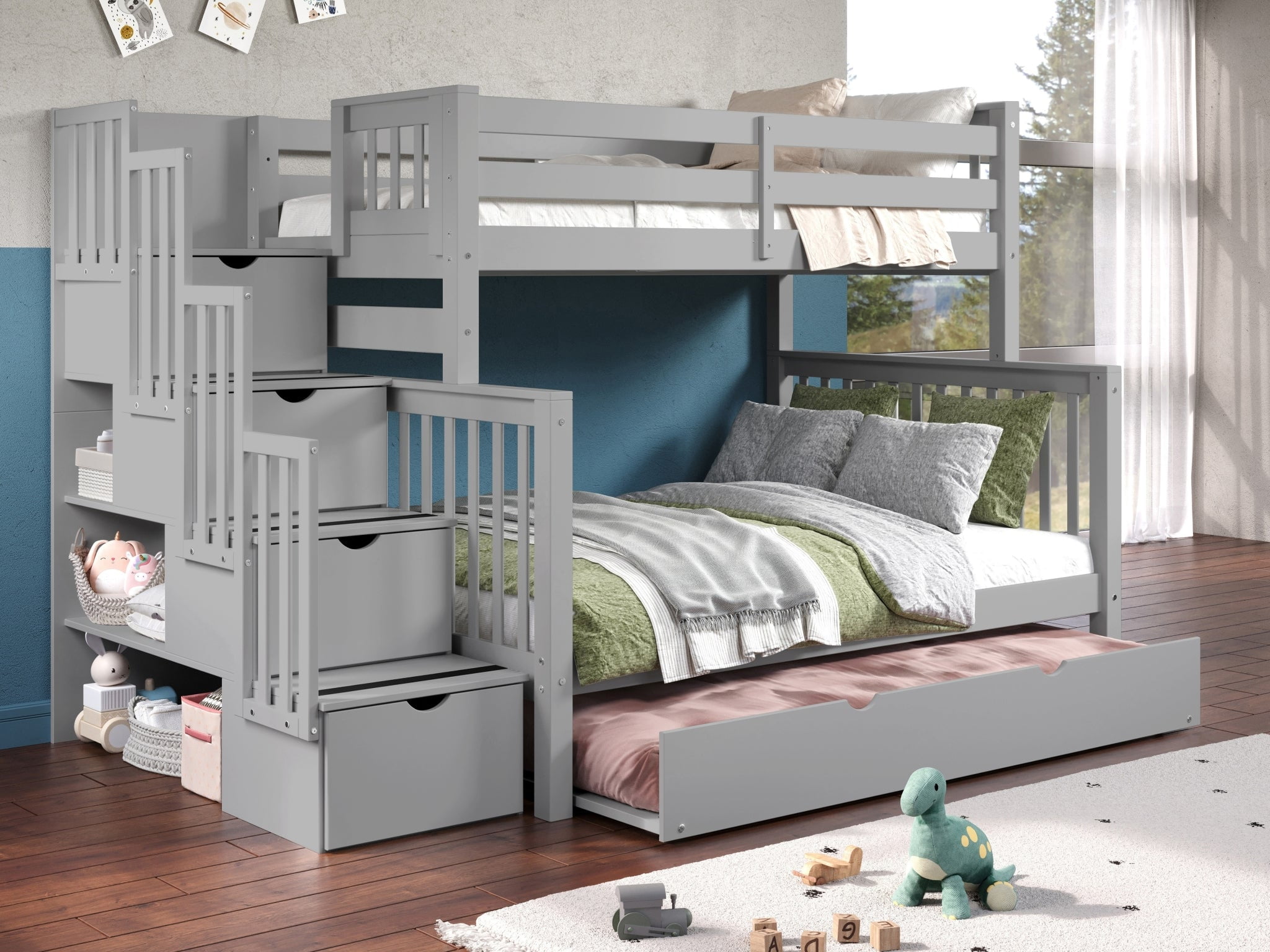 Bedz King Stairway Bunk Beds Twin over Full with Storage Drawers in