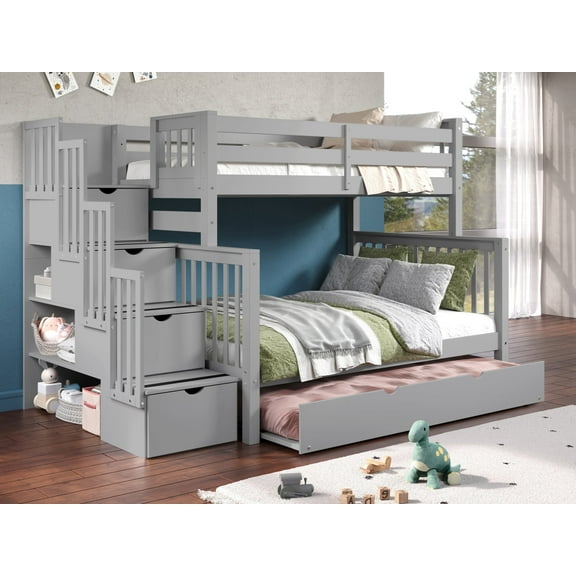Bedz King Stairway Bunk Beds Twin over Full with 4 Drawers in the Steps and a Twin Trundle, Gray