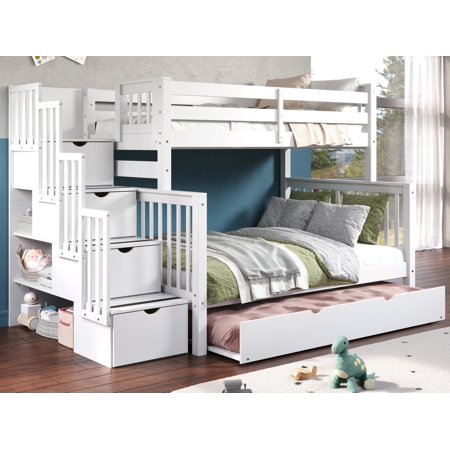 Bedz King Stairway Bunk Beds Twin over Full with 4 Drawers in the Steps and a Twin Trundle, White