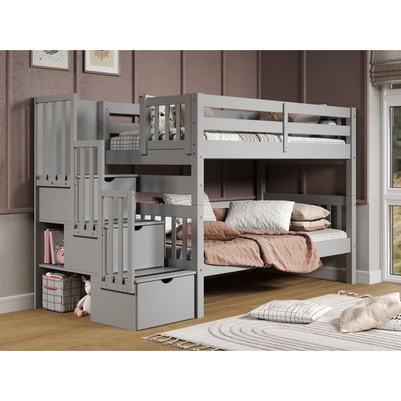 Bedz King Stairway Bunk Beds Twin over Twin with 3 Drawers in the Steps, Gray