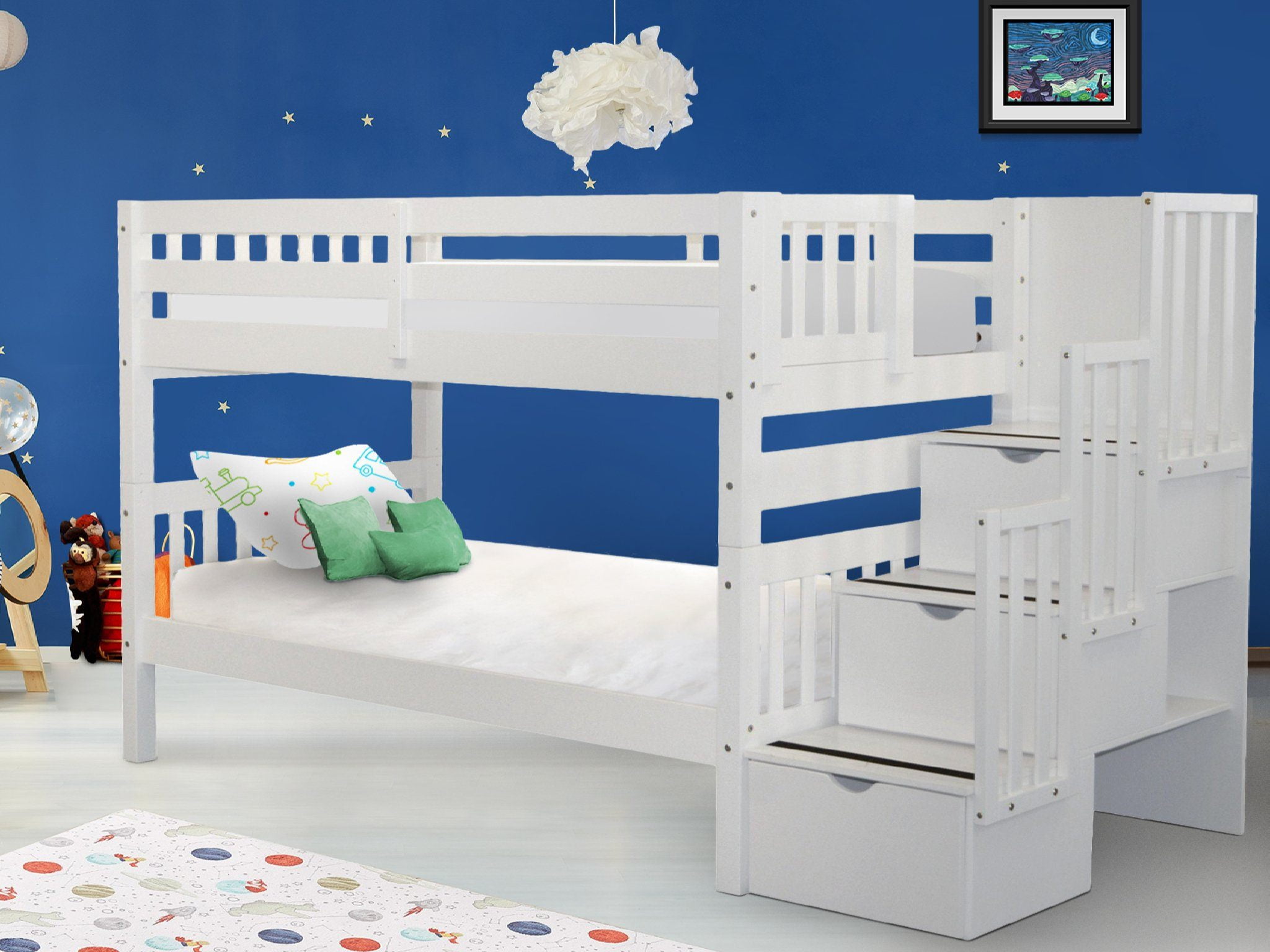 Bedz King Stairway Bunk Beds Twin over Twin with 3 Drawers in the Steps
