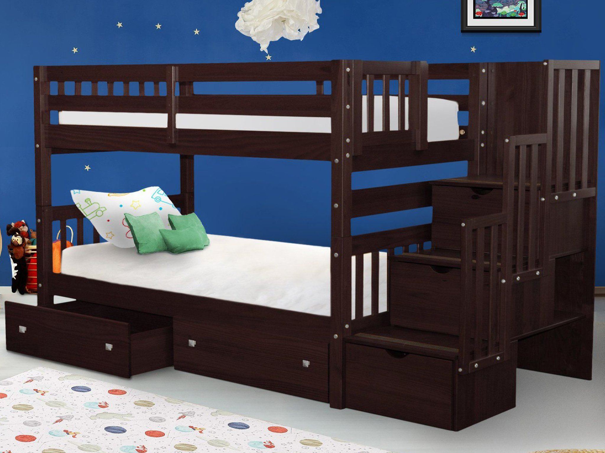 Bedz King Tall Stairway Bunk Beds Twin over Twin with 4 Drawers in the