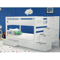 Bedz King Stairway Bunk Beds Twin over Twin with 3 Drawers in the Steps and 2 Under Bed Drawers, White