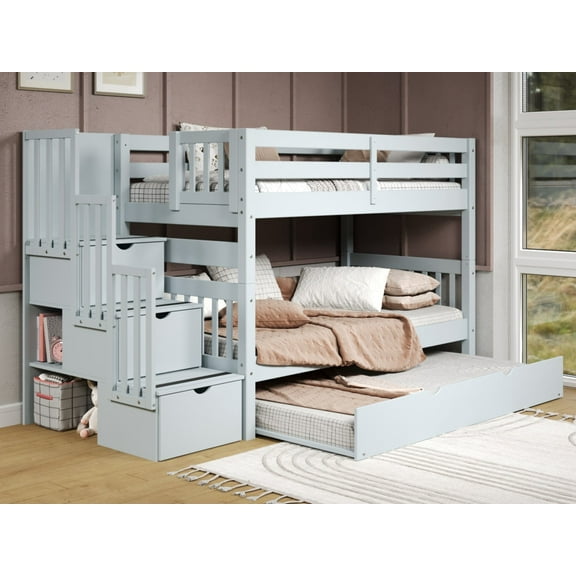 Bedz King Stairway Bunk Beds Twin over Twin with 3 Drawers in the Steps and a Twin Trundle, Breezy Blue