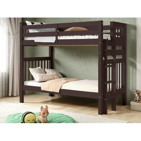 Bedz King Tall Bunk Beds Twin over Twin Mission Style with End Ladder, Dark Cherry