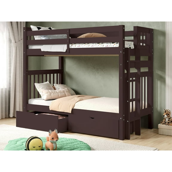 Bedz King Tall Bunk Beds Twin over Twin Mission Style with End Ladder and 2 Under Bed Drawers, Dark Cherry