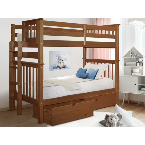 Bedz King Tall Bunk Beds Twin over Twin Mission Style with End Ladder and 2 Under Bed Drawers Espresso