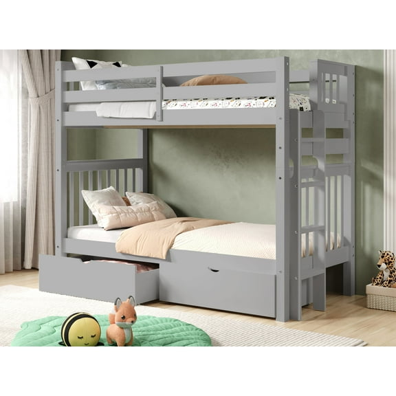 Bedz King Tall Bunk Beds Twin over Twin Mission Style with End Ladder and 2 Under Bed Drawers, Gray