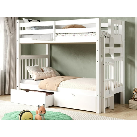 Bedz King Tall Bunk Beds Twin over Twin Mission Style with End Ladder and 2 Under Bed Drawers, White