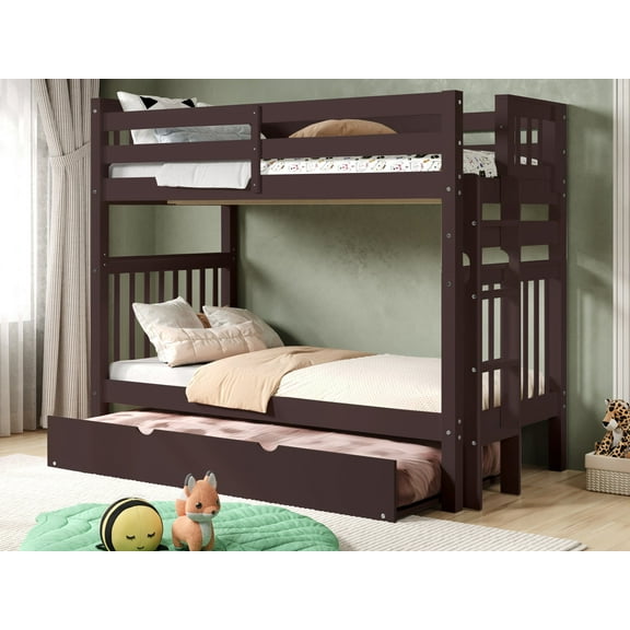 Bedz King Tall Bunk Beds Twin over Twin Mission Style with End Ladder and a Twin Trundle, Dark Cherry
