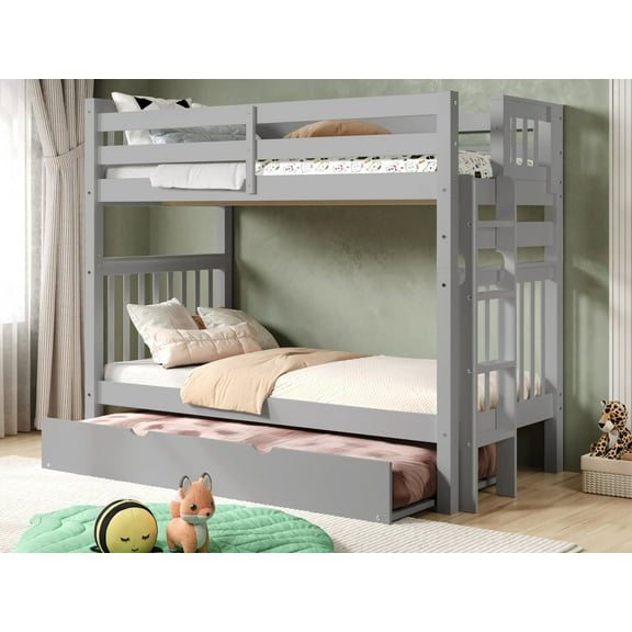Bedz King Tall Bunk Beds Twin over Twin Mission Style with End Ladder and a Twin Trundle, Gray