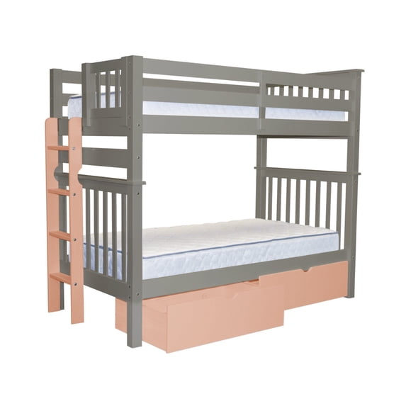 Bedz King Tall Bunk Beds Twin over Twin Mission Style with a Pink End Ladder and 2 Pink Under Bed Drawers Gray
