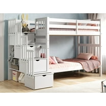 Bedz King Tall Stairway Bunk Beds Twin over Twin with 4 Drawers in the Steps, White