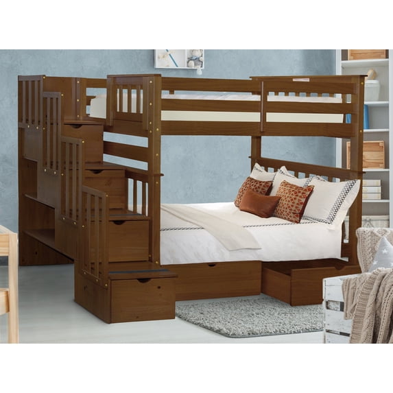 Bedz King Tall Stairway Bunk Beds Twin over Twin with 4 Drawers in the Steps and 2 Under Bed Drawers Espresso