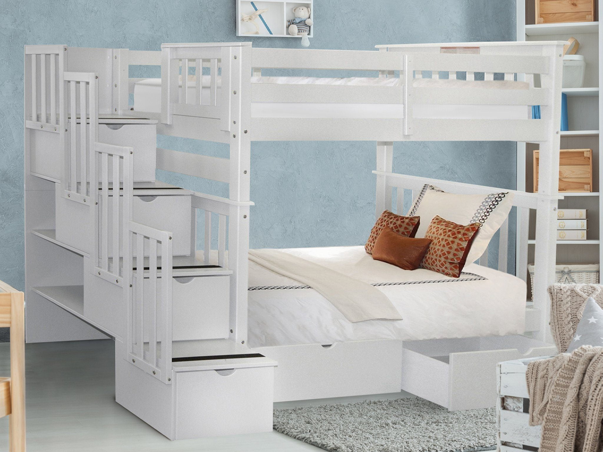 Bedz King Tall Stairway Bunk Beds Twin over Twin with 4 Drawers in the